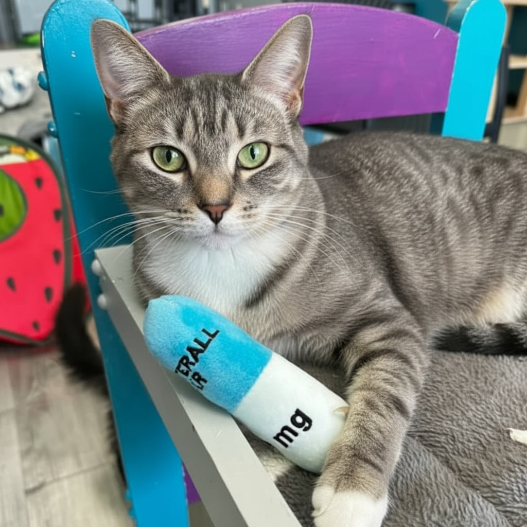 Older gray cat playing with toy