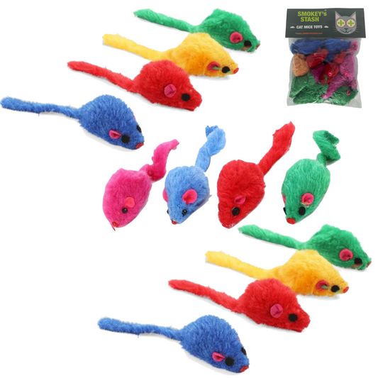 12 Per Pack Multi Color Realistic Small Mouse with Rattle and Catnip Safe for Adult cats and kittens 5.5 inches long Faux Fur