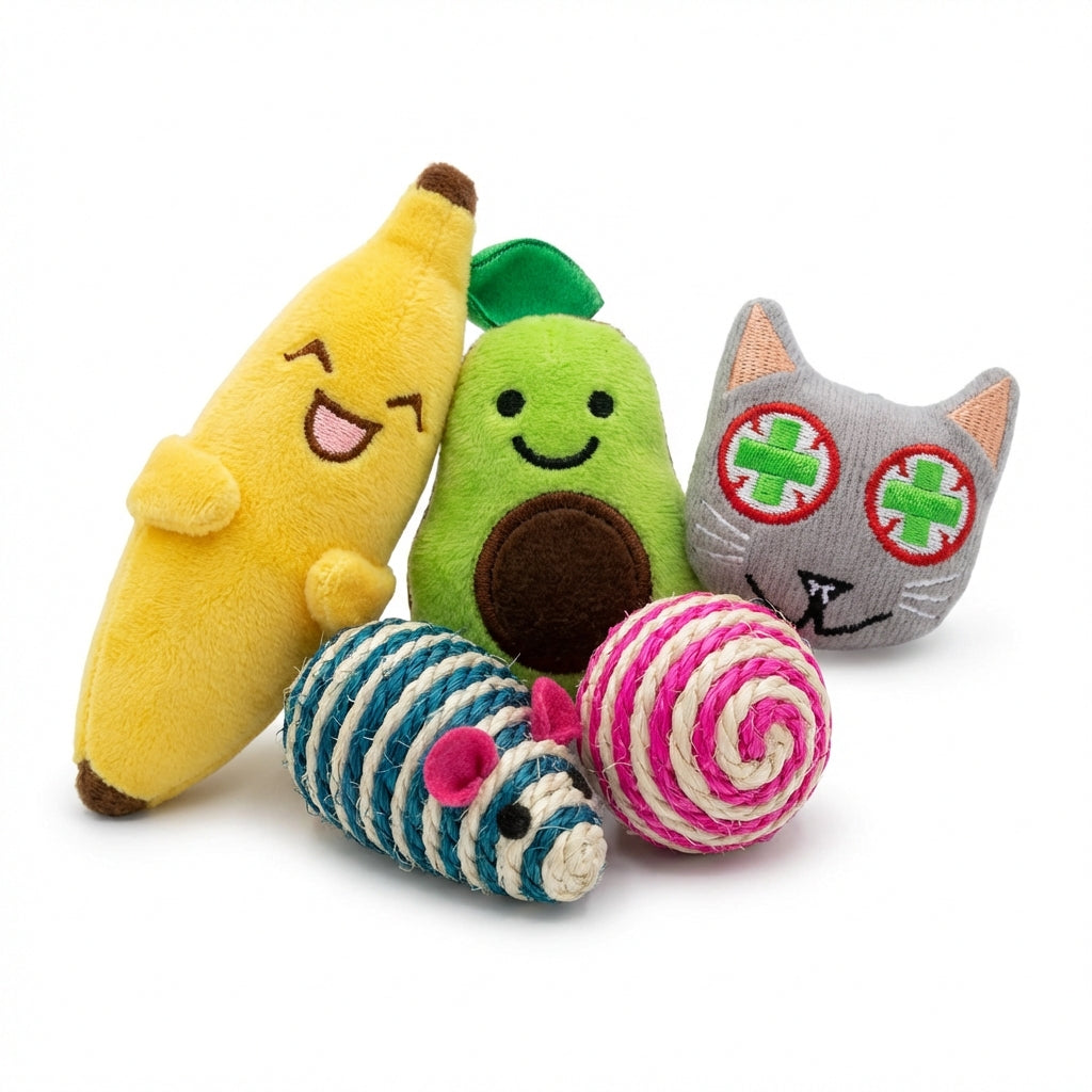 Smokey's Stash Catnip Filled Banana, Avocado, and Smokey Cat Toys with Sisal Mouse and Ball for Cats