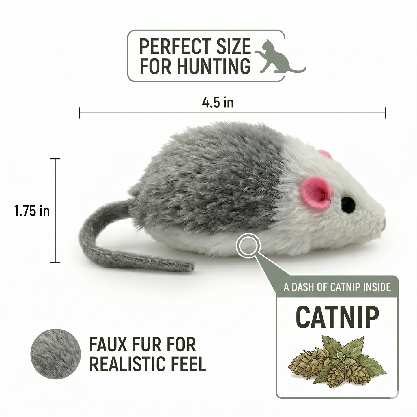 Gray and White Faux Fur Cat Mice Toy 12 Per Pack Multi Color Realistic Interactive Small Mouse with Rattle and Catnip Safe for Adult cats and kittens