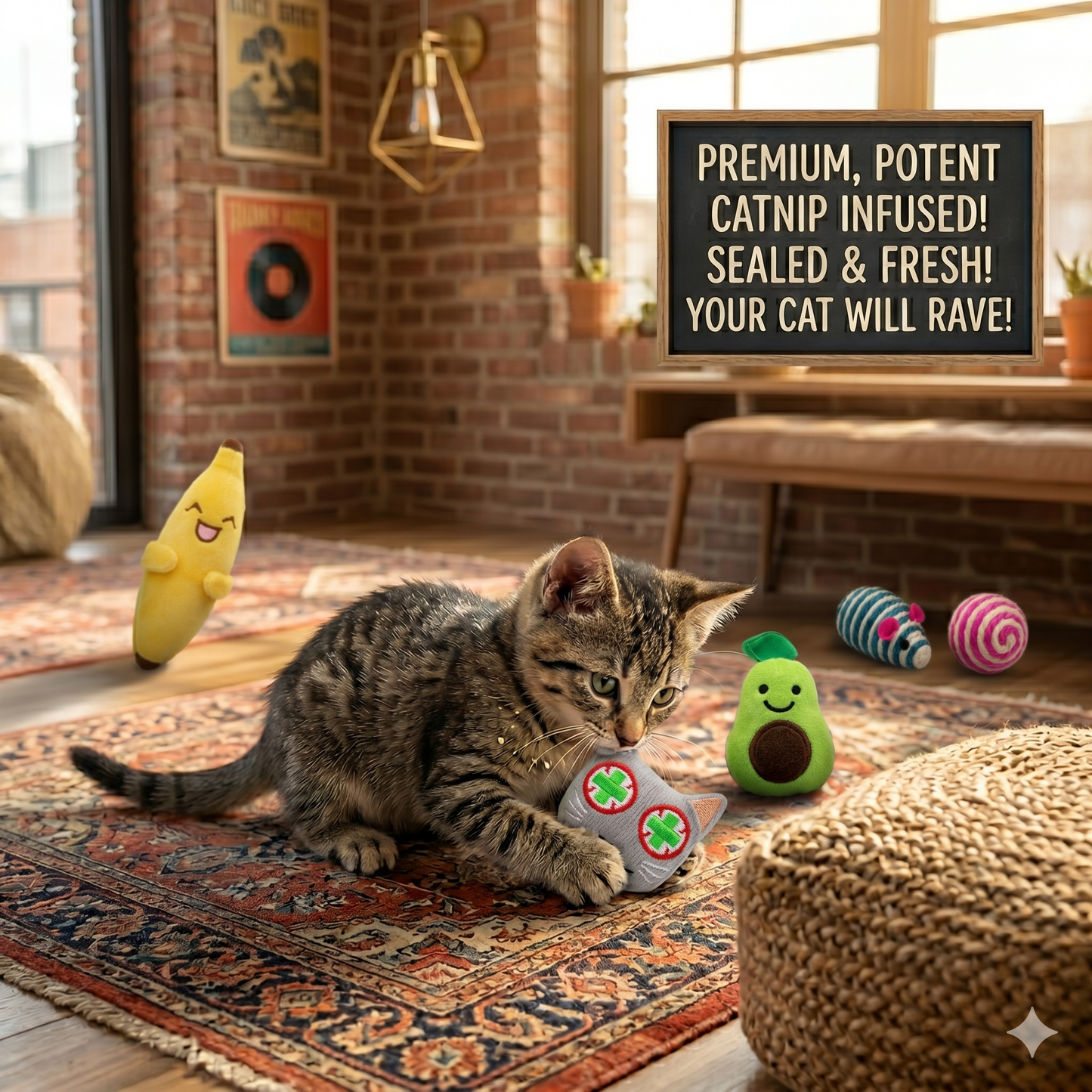 Smokey's Stash Catnip Filled Banana, Avocado, and Smokey Cat Toys with Sisal Mouse and Ball for Cats