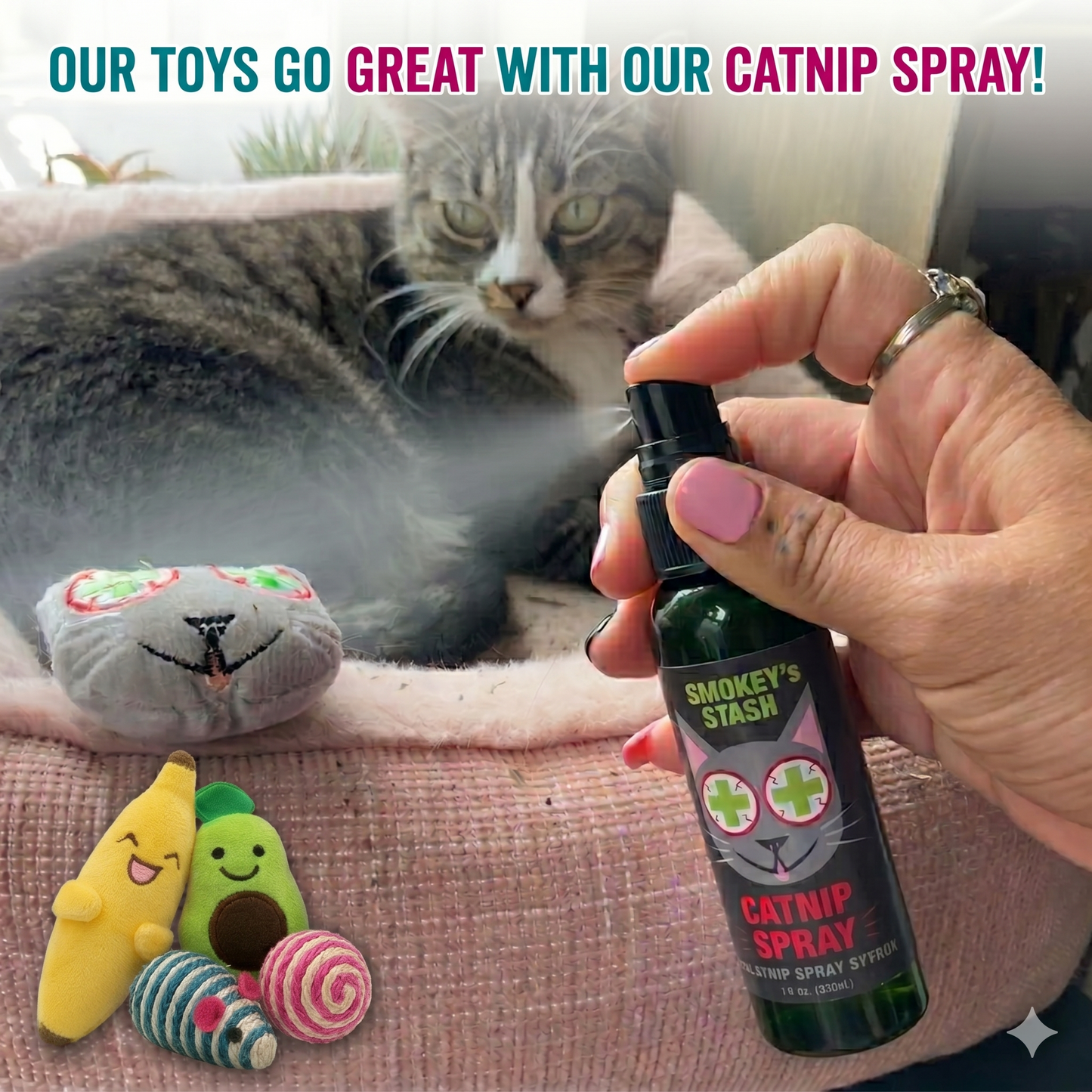 Smokey's Stash Catnip Filled Banana, Avocado, and Smokey Cat Toys with Sisal Mouse and Ball for Cats