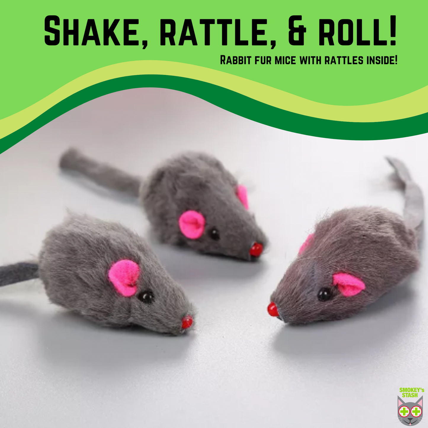 Smokey's Stash Rabbit Fur Mouse Cat Toy 12 per Pack White and Gray Fuzzy Toys for Cats with Rattle Realistic Fake mice