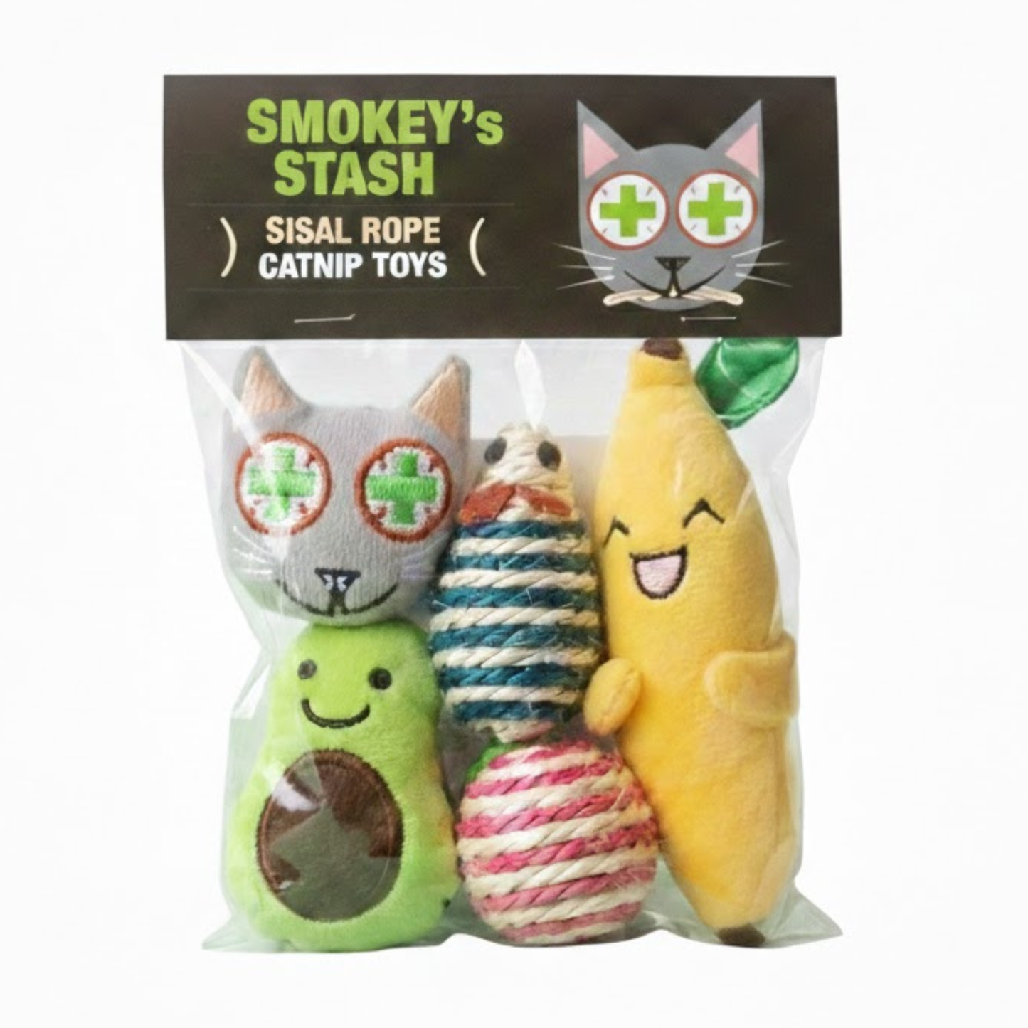 Smokey's Stash Catnip Filled Banana, Avocado, and Smokey Cat Toys with Sisal Mouse and Ball for Cats