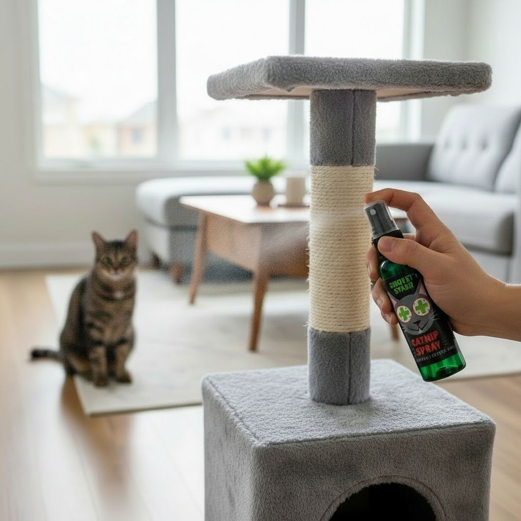 Catnip spray with cat 3 feet away
