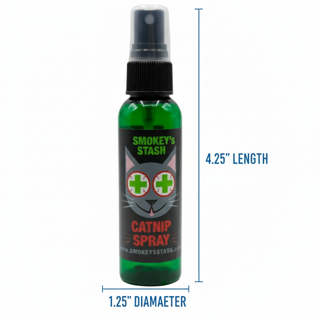 Catnip spray with white background and blue measurements