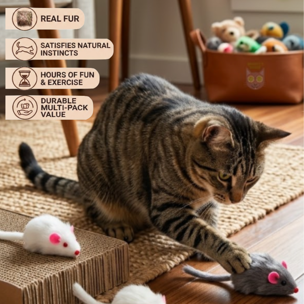 Smokey's Stash Rabbit Fur Mouse Cat Toy 12 per Pack White and Gray Fuzzy Toys for Cats with Rattle Realistic Fake mice