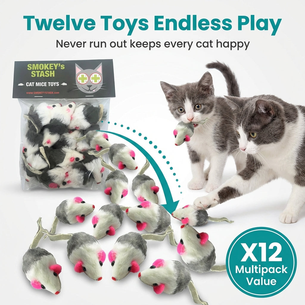 Gray and White Faux Fur Cat Mice Toy 12 Per Pack Multi Color Realistic Interactive Small Mouse with Rattle and Catnip Safe for Adult cats and kittens