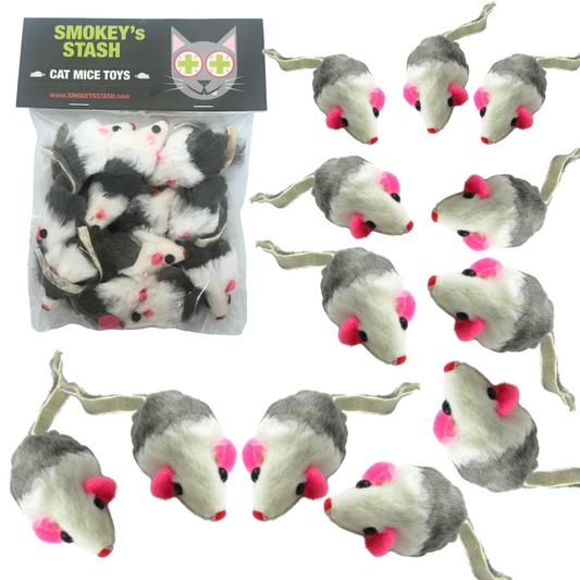 Gray and White Faux Fur Cat Mice Toy 12 Per Pack Multi Color Realistic Interactive Small Mouse with Rattle and Catnip Safe for Adult cats and kittens