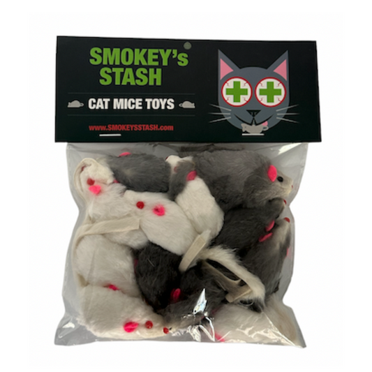 Smokey's Stash Rabbit Fur Mouse Cat Toy 12 per Pack White and Gray Fuzzy Toys for Cats with Rattle Realistic Fake mice