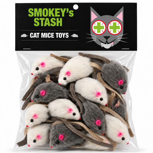 Smokey's Stash Rabbit Fur Mouse Cat Toy 12 per Pack White and Gray Fuzzy Toys for Cats with Rattle Realistic Fake mice