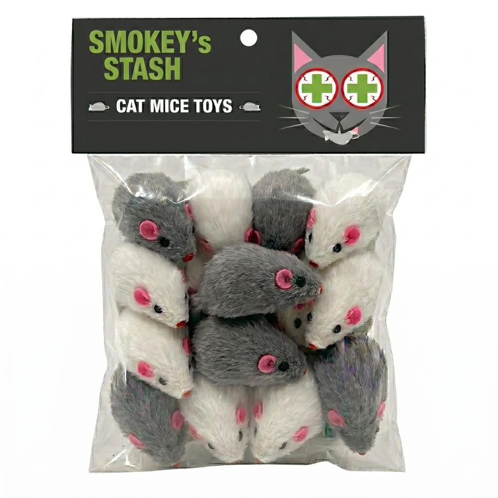 Smokey's Stash Rabbit Fur Mouse Cat Toy 12 per Pack White and Gray Fuzzy Toys for Cats with Rattle Realistic Fake mice