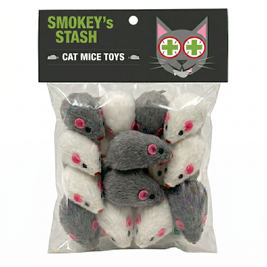 Smokey's Stash Rabbit Fur Mouse Cat Toy 12 per Pack White and Gray Fuzzy Toys for Cats with Rattle Realistic Fake mice