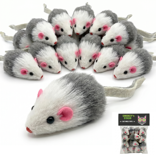 Gray and White Faux Fur Cat Mice Toy 12 Per Pack Multi Color Realistic Interactive Small Mouse with Rattle and Catnip Safe for Adult cats and kittens