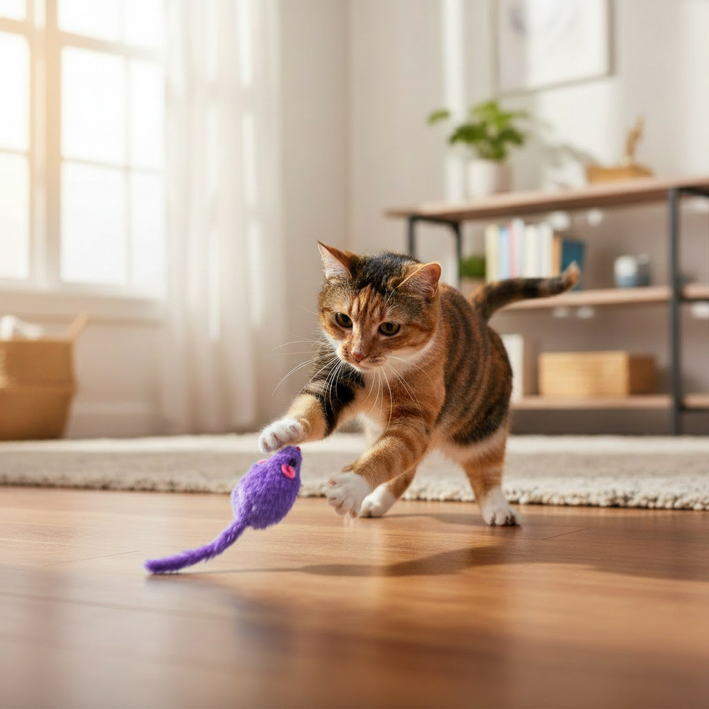 Realistic cat playing with mouse toy
